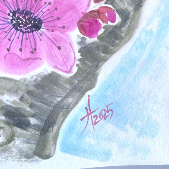 Art Original Sakura on a Trunk Flower Watercolor Painting 11x14in Matted - Picture 8 of 13